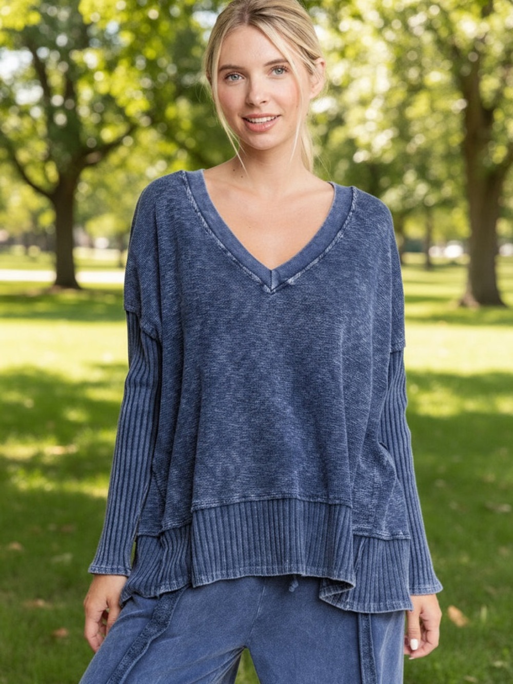 NWT Mineral Washed Navy V-Neck Long Sleeve Mixed Media Top - Women's